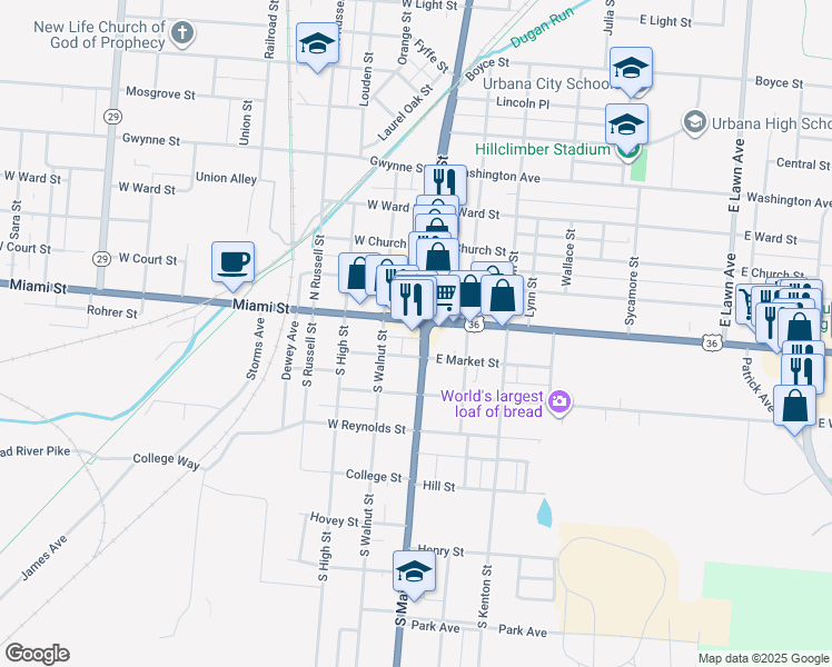 map of restaurants, bars, coffee shops, grocery stores, and more near 15 Monument Square in Urbana