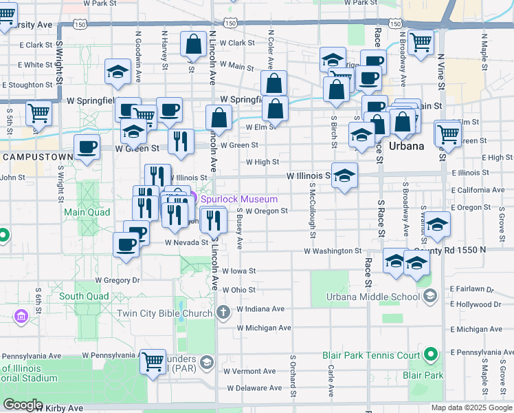 map of restaurants, bars, coffee shops, grocery stores, and more near 703 West Oregon Street in Urbana