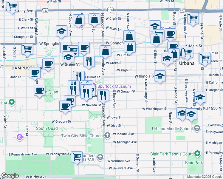 map of restaurants, bars, coffee shops, grocery stores, and more near 701 South Busey Avenue in Urbana