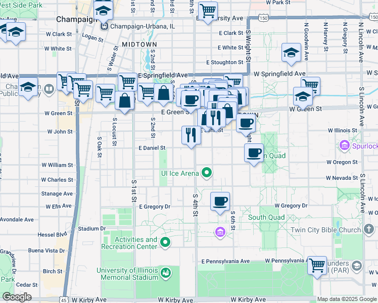 map of restaurants, bars, coffee shops, grocery stores, and more near 310 East Chalmers Street in Champaign