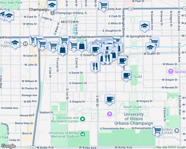 map of restaurants, bars, coffee shops, grocery stores, and more near 310 East Chalmers Street in Champaign