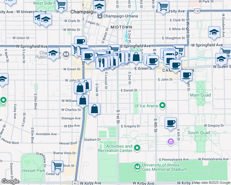 map of restaurants, bars, coffee shops, grocery stores, and more near 911 South 1st Street in Champaign