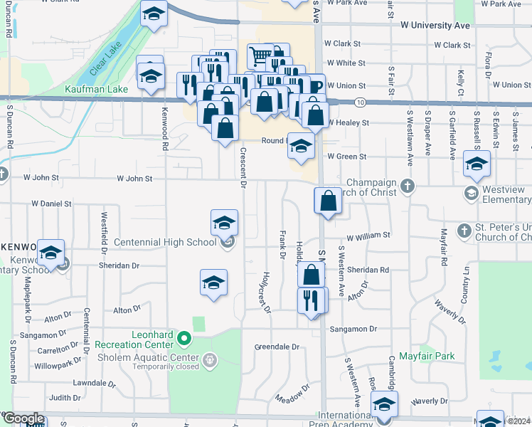map of restaurants, bars, coffee shops, grocery stores, and more near 908 Hollycrest Drive in Champaign