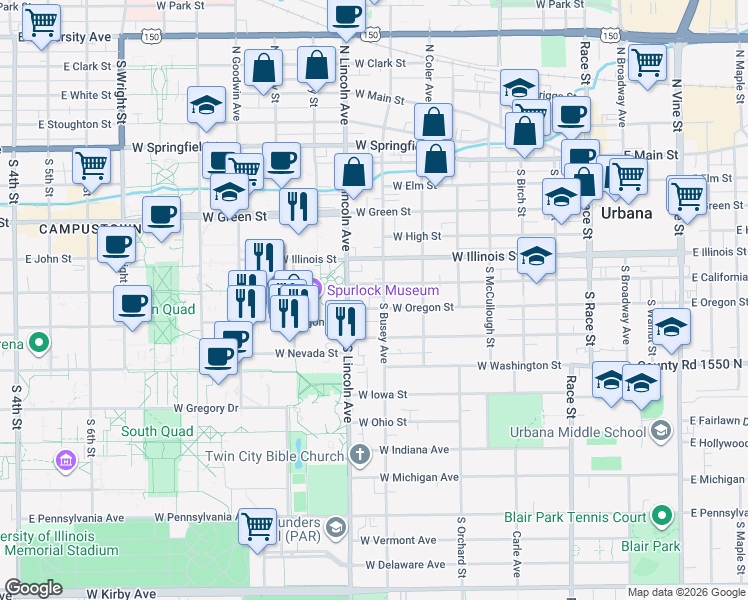 map of restaurants, bars, coffee shops, grocery stores, and more near 701 South Busey Avenue in Urbana