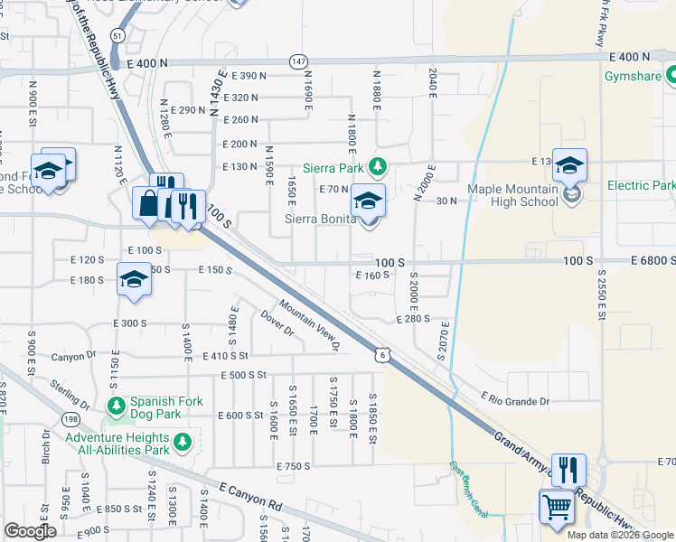 map of restaurants, bars, coffee shops, grocery stores, and more near 202 South 1800 East in Spanish Fork