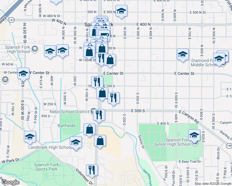 map of restaurants, bars, coffee shops, grocery stores, and more near 161 South 100 East in Spanish Fork