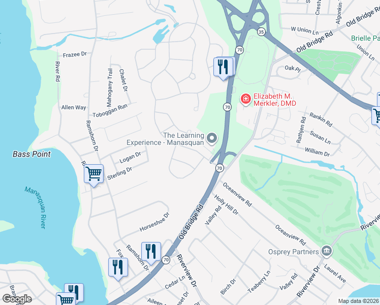 map of restaurants, bars, coffee shops, grocery stores, and more near 2624 Lantern Light Way in Manasquan