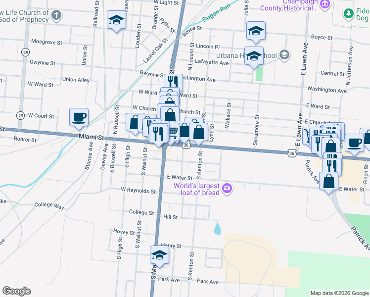 map of restaurants, bars, coffee shops, grocery stores, and more near 202 East Market Street in Urbana