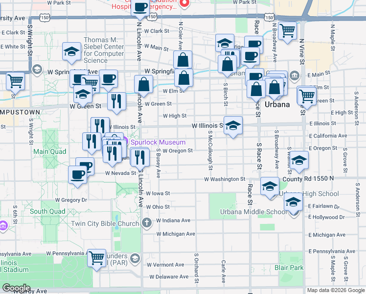 map of restaurants, bars, coffee shops, grocery stores, and more near 606 West Nevada Street in Urbana