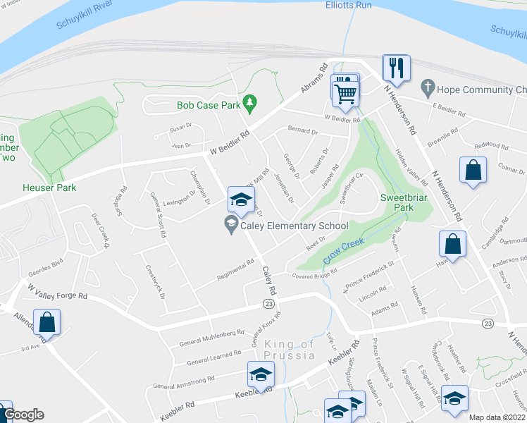 map of restaurants, bars, coffee shops, grocery stores, and more near 716 Suellen Drive in King of Prussia