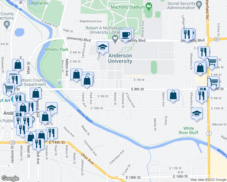 map of restaurants, bars, coffee shops, grocery stores, and more near 1023 East 8th Street in Anderson
