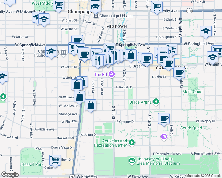 map of restaurants, bars, coffee shops, grocery stores, and more near 909 South 1st Street in Champaign