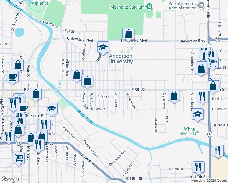 map of restaurants, bars, coffee shops, grocery stores, and more near 905 Walnut Street in Anderson
