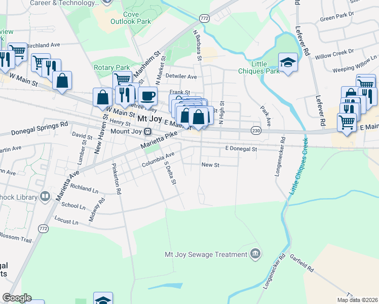 map of restaurants, bars, coffee shops, grocery stores, and more near 15 New Street in Mount Joy