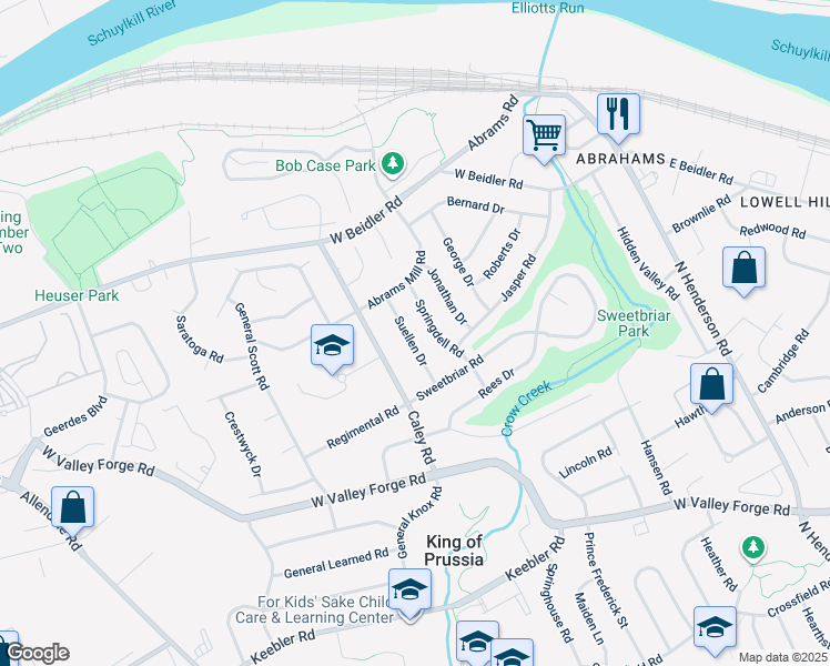 map of restaurants, bars, coffee shops, grocery stores, and more near 716 Suellen Drive in King of Prussia