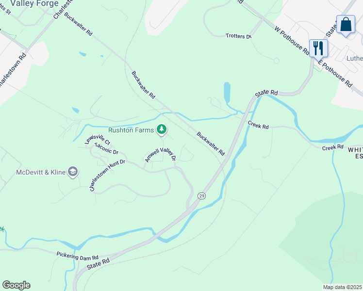 map of restaurants, bars, coffee shops, grocery stores, and more near 167 Stewarts Court in Phoenixville
