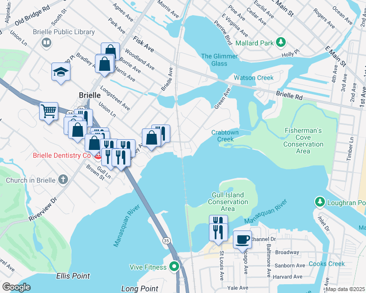 map of restaurants, bars, coffee shops, grocery stores, and more near 103 River Mist Way in Brielle