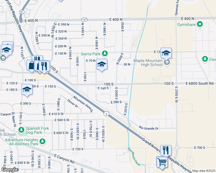 map of restaurants, bars, coffee shops, grocery stores, and more near 1915 East 160 South in Spanish Fork