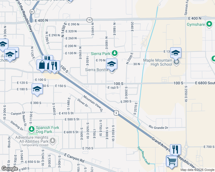 map of restaurants, bars, coffee shops, grocery stores, and more near 1815 East 160 South in Spanish Fork