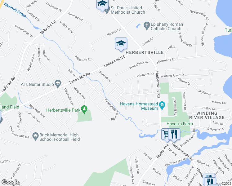 map of restaurants, bars, coffee shops, grocery stores, and more near 36 Creek Road in Brick