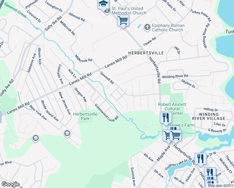 map of restaurants, bars, coffee shops, grocery stores, and more near 36 Creek Road in Brick