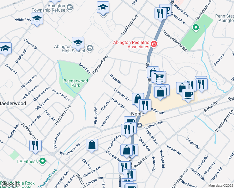 map of restaurants, bars, coffee shops, grocery stores, and more near 1898 Lambert Rd in Jenkintown