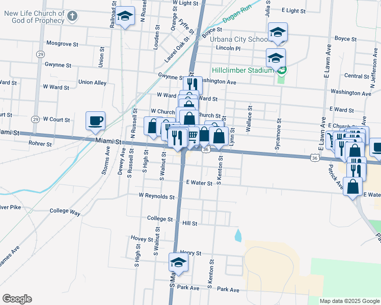 map of restaurants, bars, coffee shops, grocery stores, and more near 15 Monument Square in Urbana