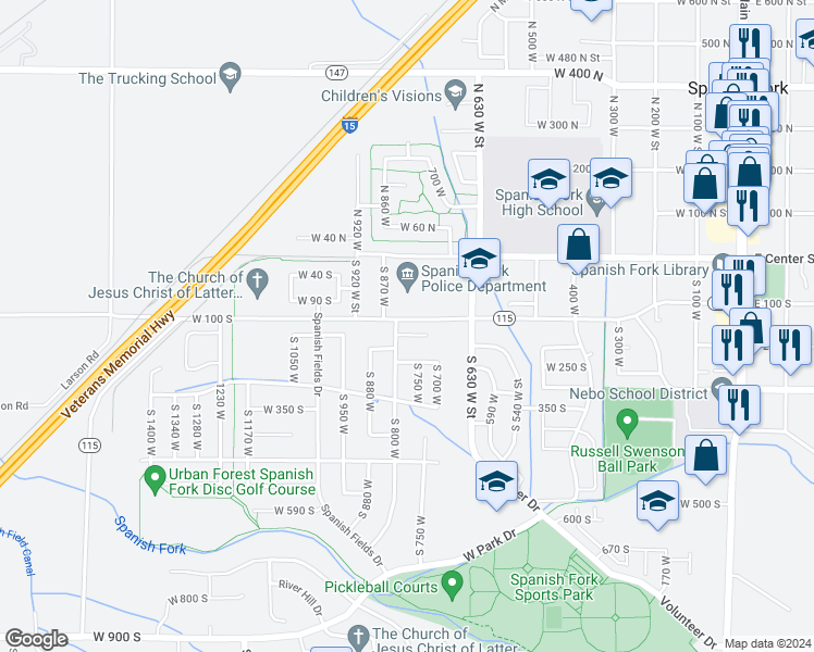 map of restaurants, bars, coffee shops, grocery stores, and more near 784 West 180 South in Spanish Fork