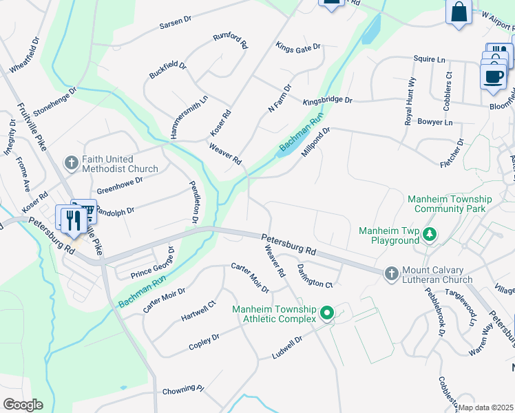 map of restaurants, bars, coffee shops, grocery stores, and more near 3034 Weaver Road in Lititz