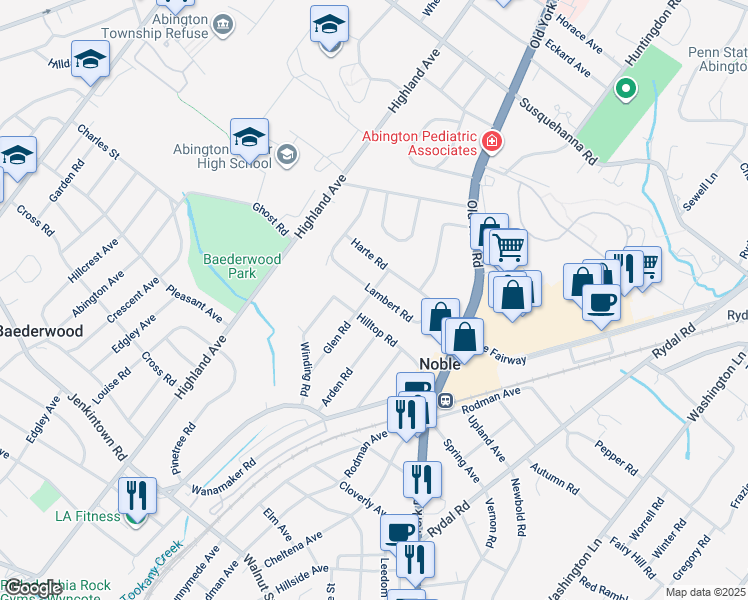 map of restaurants, bars, coffee shops, grocery stores, and more near 1898 Lambert Rd in Jenkintown