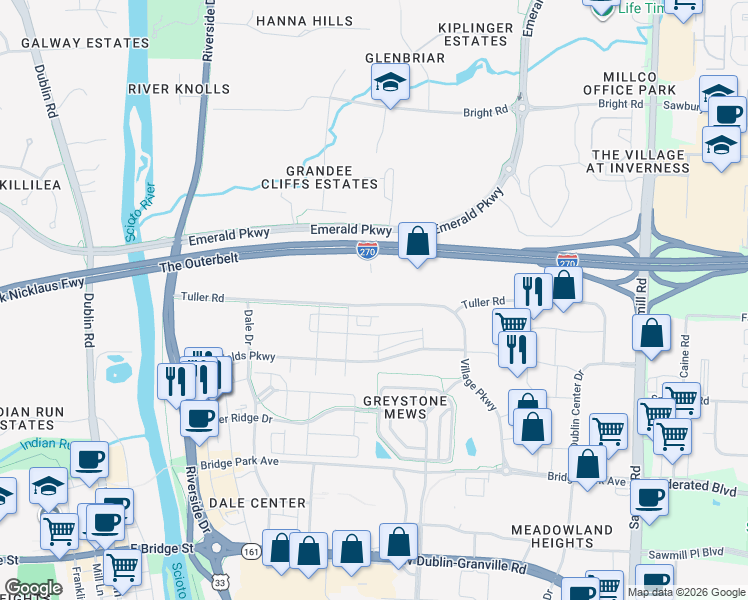 map of restaurants, bars, coffee shops, grocery stores, and more near 4230 Tuller Road in Dublin