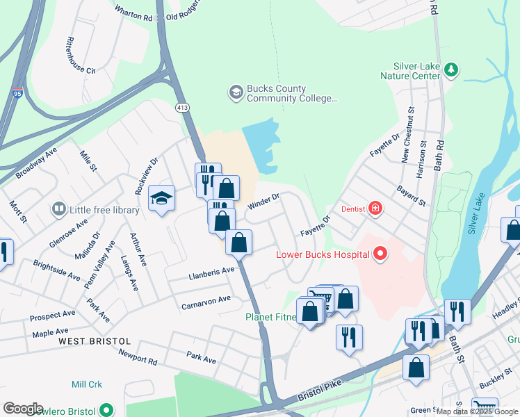 map of restaurants, bars, coffee shops, grocery stores, and more near 1011 Winder Drive in Bristol