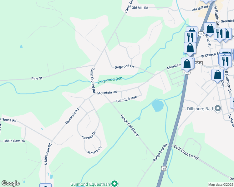 map of restaurants, bars, coffee shops, grocery stores, and more near 405 Mountain Road in Dillsburg