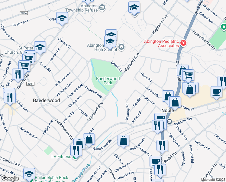 map of restaurants, bars, coffee shops, grocery stores, and more near 811 Highland Avenue in Jenkintown