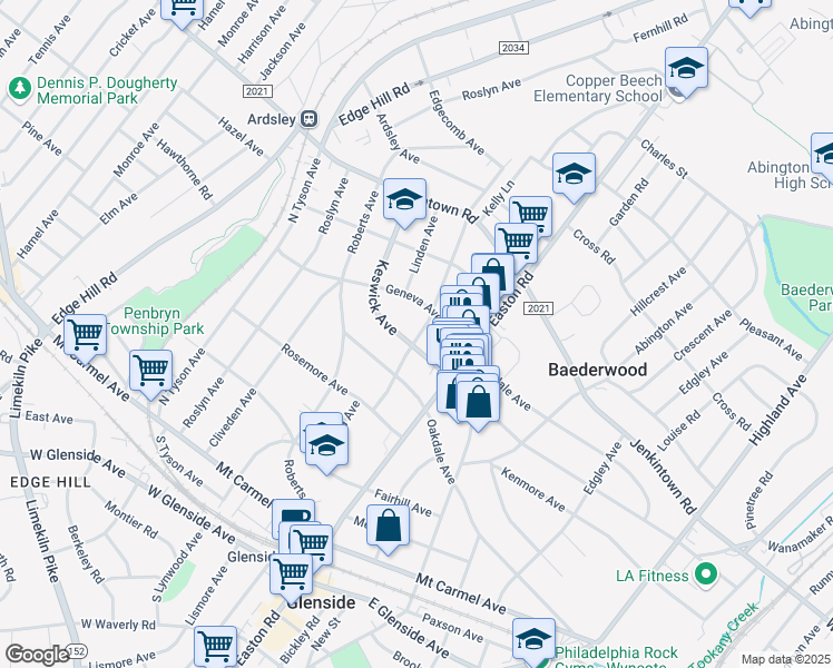 map of restaurants, bars, coffee shops, grocery stores, and more near 2346 Geneva Avenue in Glenside
