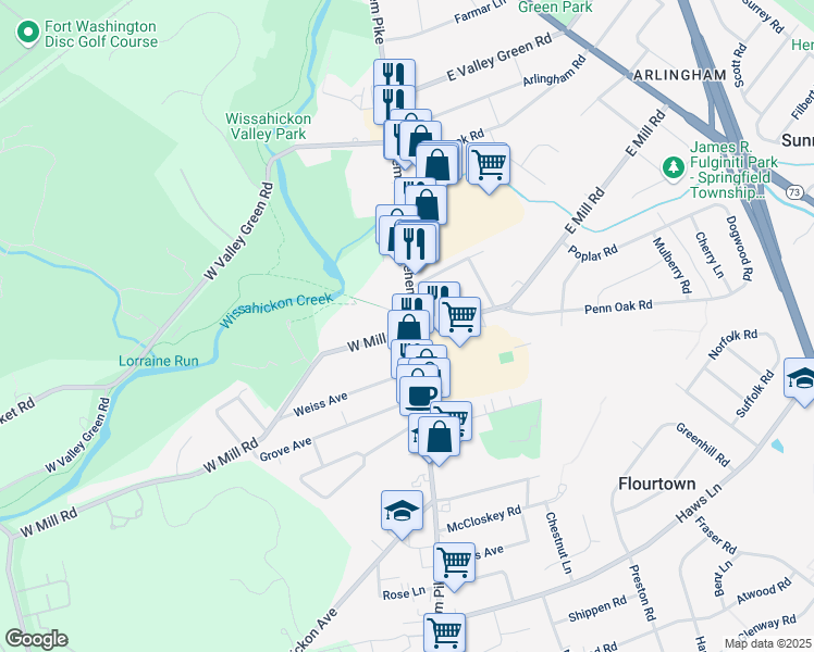map of restaurants, bars, coffee shops, grocery stores, and more near 1717 Bethlehem Pike in Flourtown