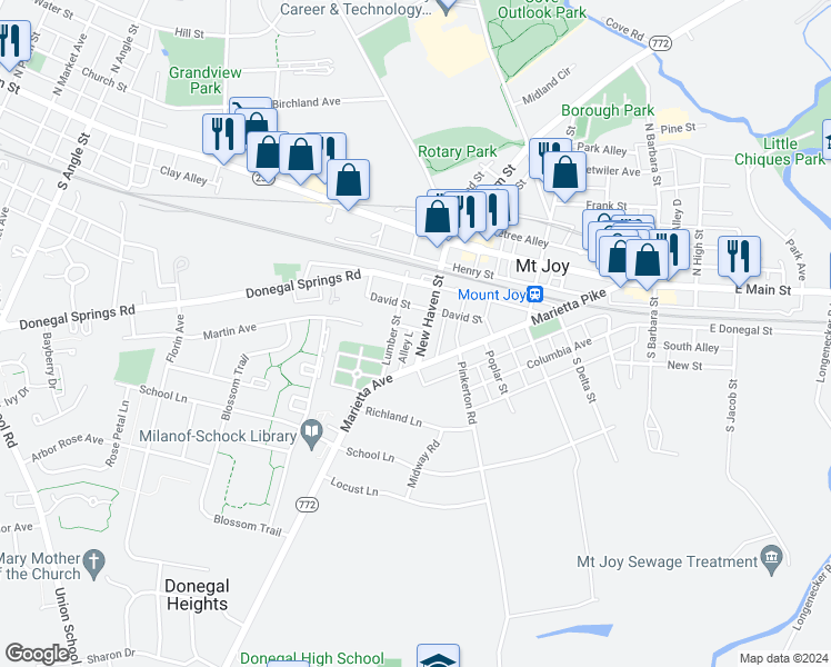 map of restaurants, bars, coffee shops, grocery stores, and more near 121 New Haven Street in Mount Joy