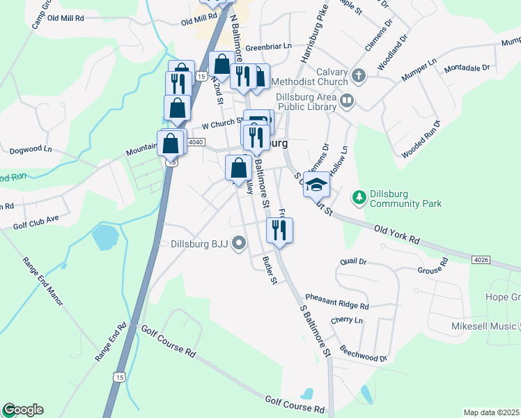 map of restaurants, bars, coffee shops, grocery stores, and more near 140 South Baltimore Street in Dillsburg