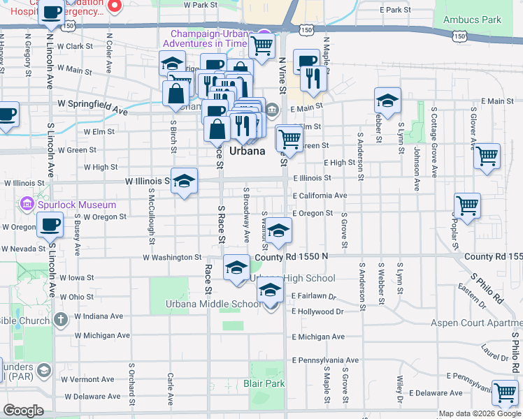 map of restaurants, bars, coffee shops, grocery stores, and more near 202 East California Avenue in Urbana