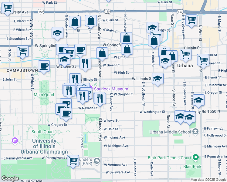 map of restaurants, bars, coffee shops, grocery stores, and more near 505 South Busey Avenue in Urbana