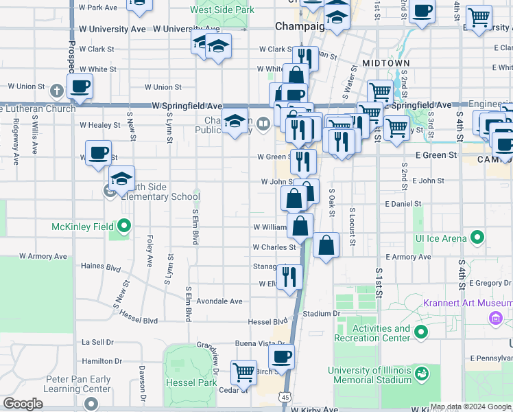 map of restaurants, bars, coffee shops, grocery stores, and more near 706 South State Street in Champaign