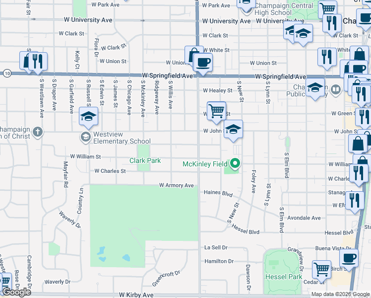 map of restaurants, bars, coffee shops, grocery stores, and more near 908 West Daniel Street in Champaign
