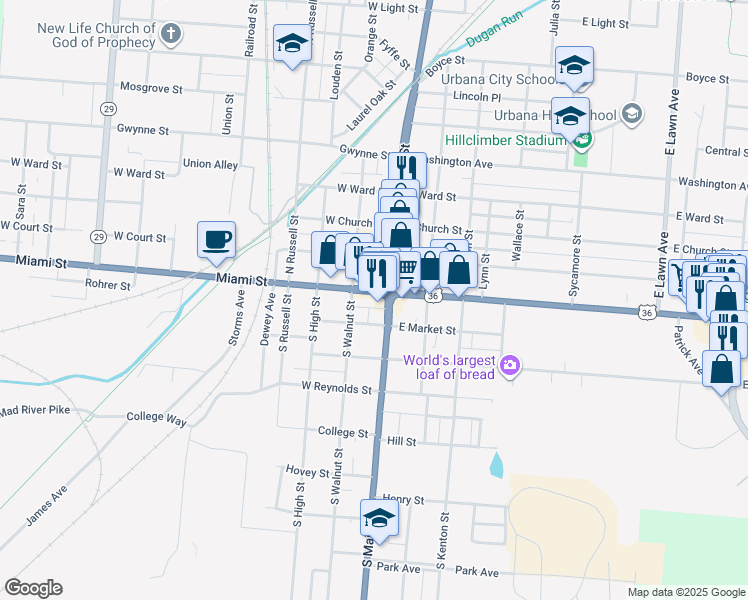 map of restaurants, bars, coffee shops, grocery stores, and more near 111 Miami Street in Urbana