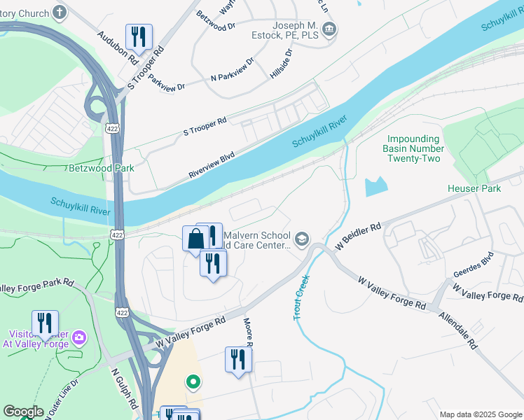 map of restaurants, bars, coffee shops, grocery stores, and more near River Trail Circle in King of Prussia