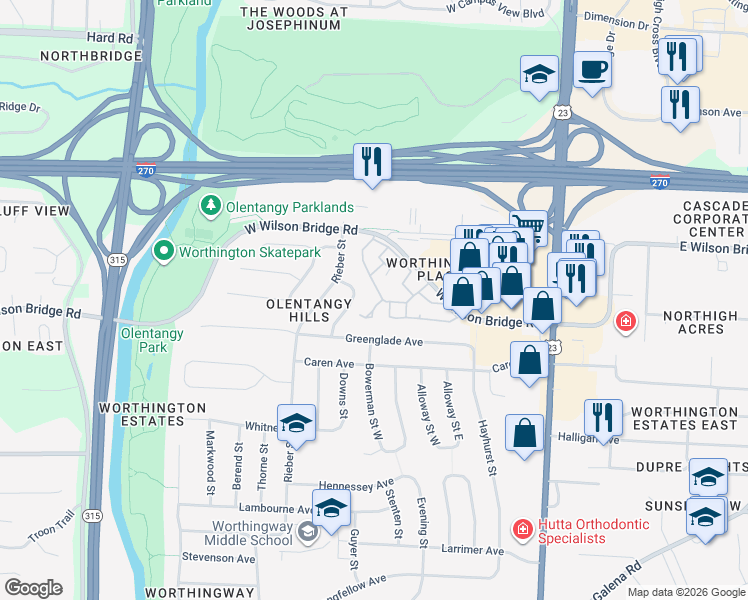 map of restaurants, bars, coffee shops, grocery stores, and more near 219 Saint Jacques Street in Worthington