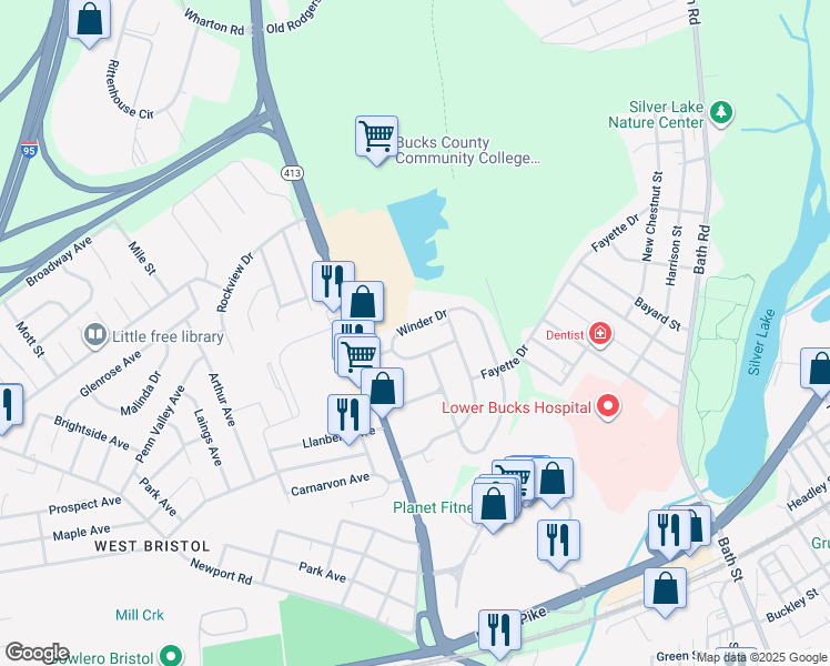 map of restaurants, bars, coffee shops, grocery stores, and more near 1011 Winder Drive in Bristol
