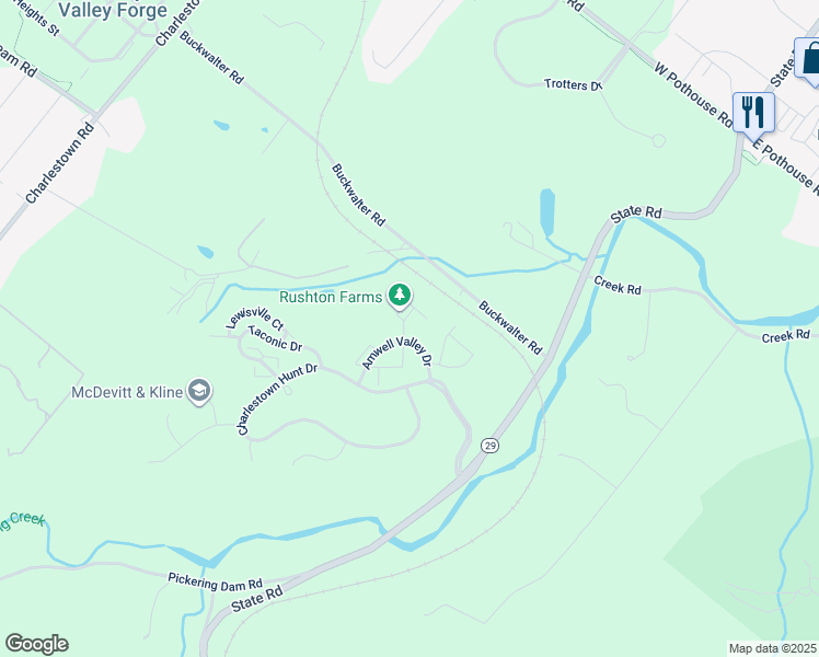 map of restaurants, bars, coffee shops, grocery stores, and more near 123 Jeffords Court in Phoenixville