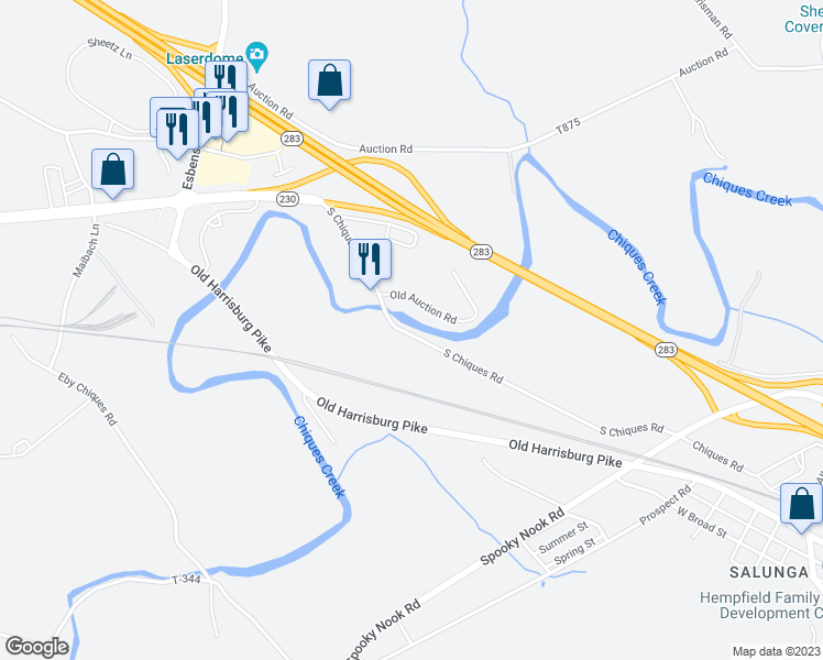 map of restaurants, bars, coffee shops, grocery stores, and more near 655 South Chiques Road in Manheim