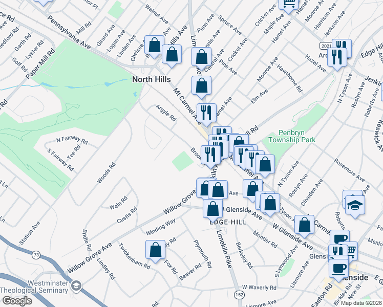 map of restaurants, bars, coffee shops, grocery stores, and more near 651 Brooke Road in Glenside