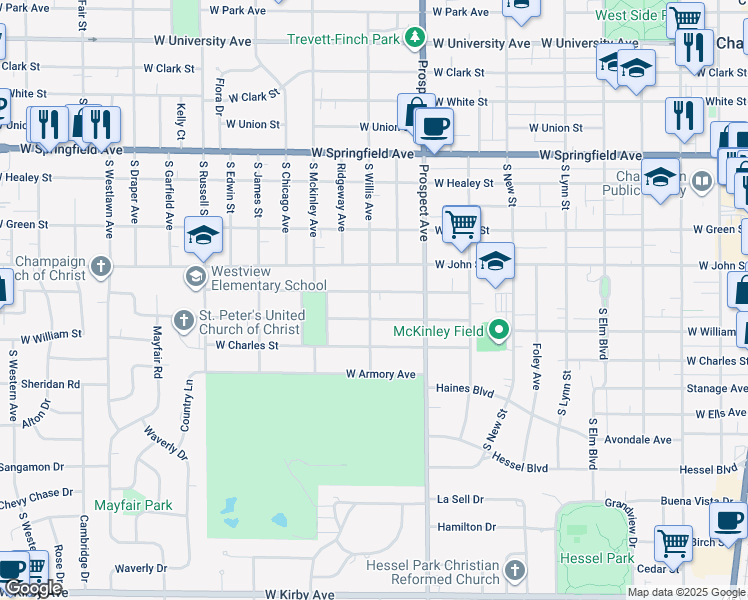 map of restaurants, bars, coffee shops, grocery stores, and more near 923 West Daniel Street in Champaign